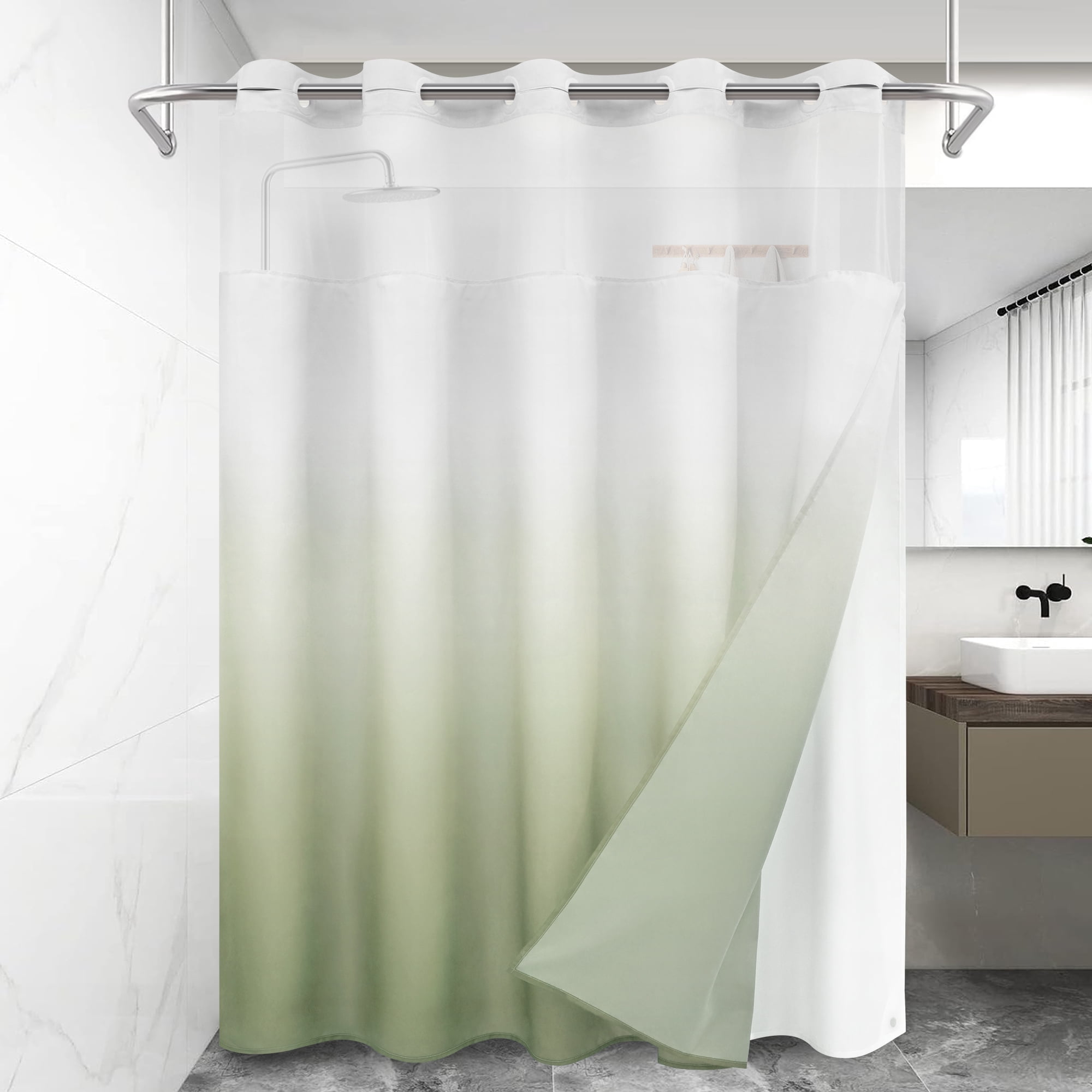 "Ikfashoni Hookless Shower Curtain, Snap-in Liner, Green Ombre