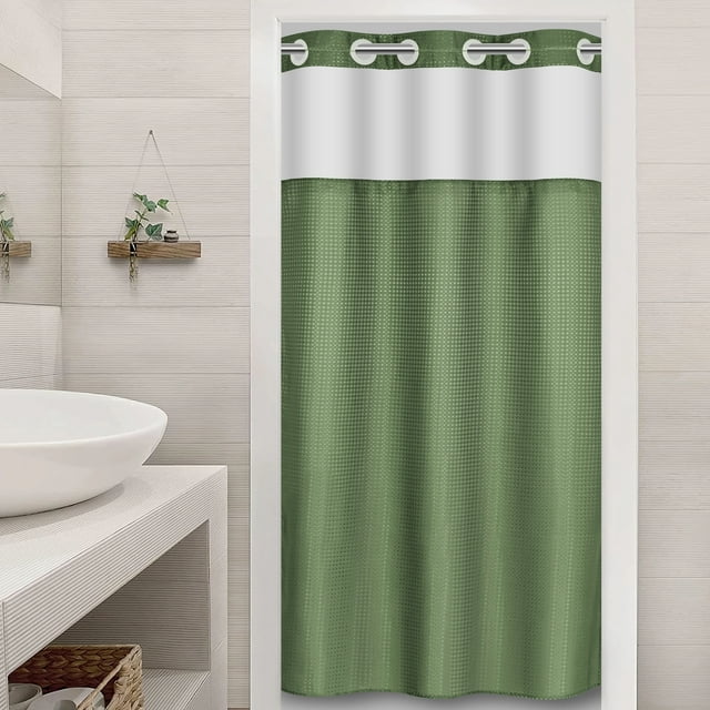 Ikfashoni Green Hookless Shower Curtain with Snap in Liner, Waffle