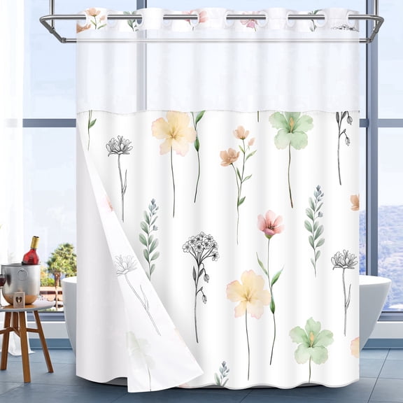 Ikfashoni Hookless Shower Curtain with Snap in Liner, Green Watercolor Flowers No Hook Waterproof Bath Curtain, 71"X74"