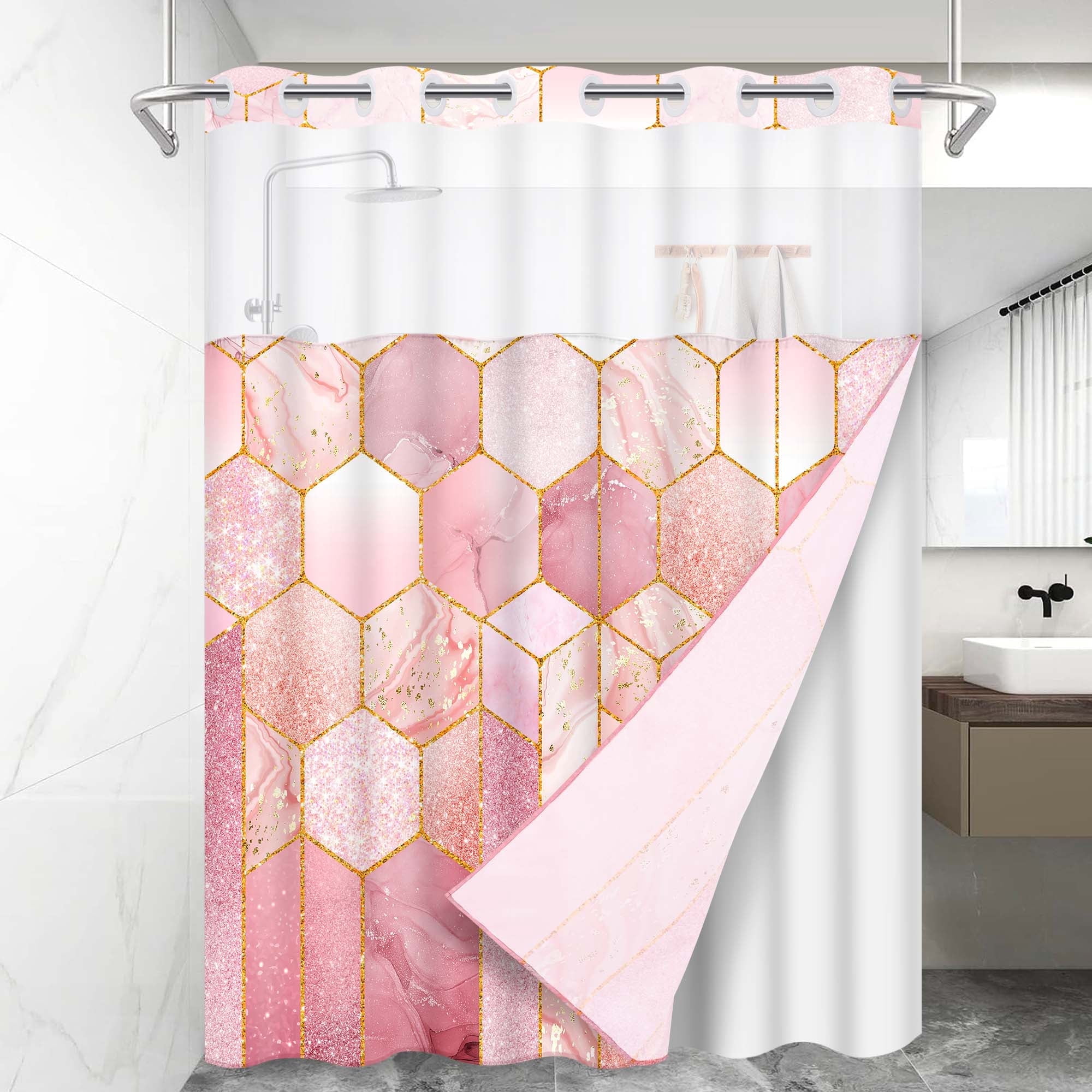 Ikfashoni Hookless Shower Curtain with Snap in Liner,Hexagon Pink ...
