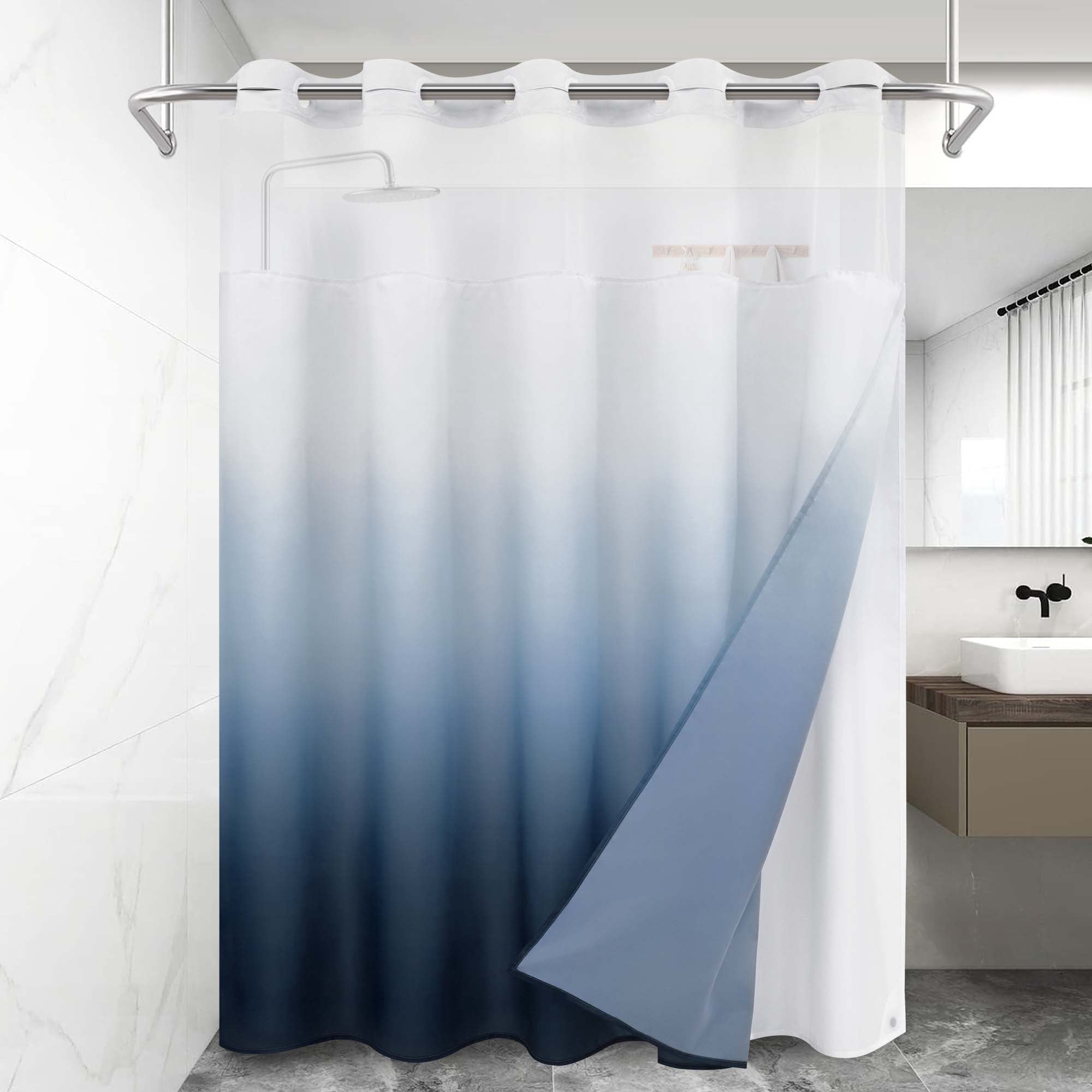 Ikfashoni Hookless Ombre Shower Curtain with Snap in Liner, Navy Gradient No Hook Waterproof Bath Curtain, 71"X74"
