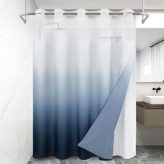 Ikfashoni Hookless Ombre Shower Curtain with Snap in Liner, Navy Gradient No Hook Waterproof Bath Curtain, 71"X74"