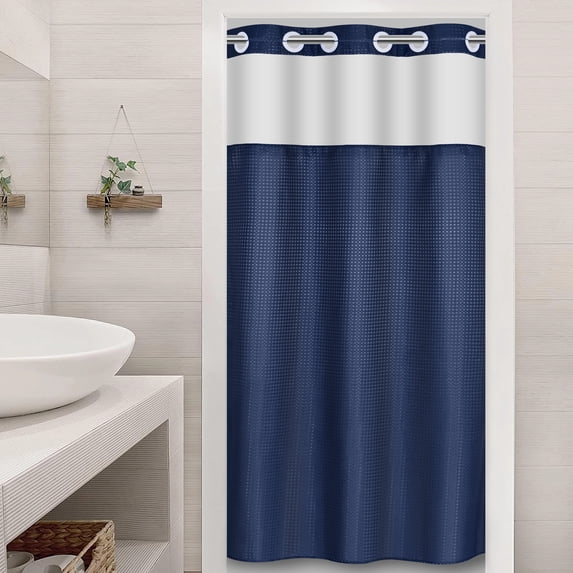 Ikfashoni Hookless Shower Curtain with Snap in Liner,Navy Waffle Weave Waterproof Fabric Mesh Window Bathroom Curtain,36"X74"