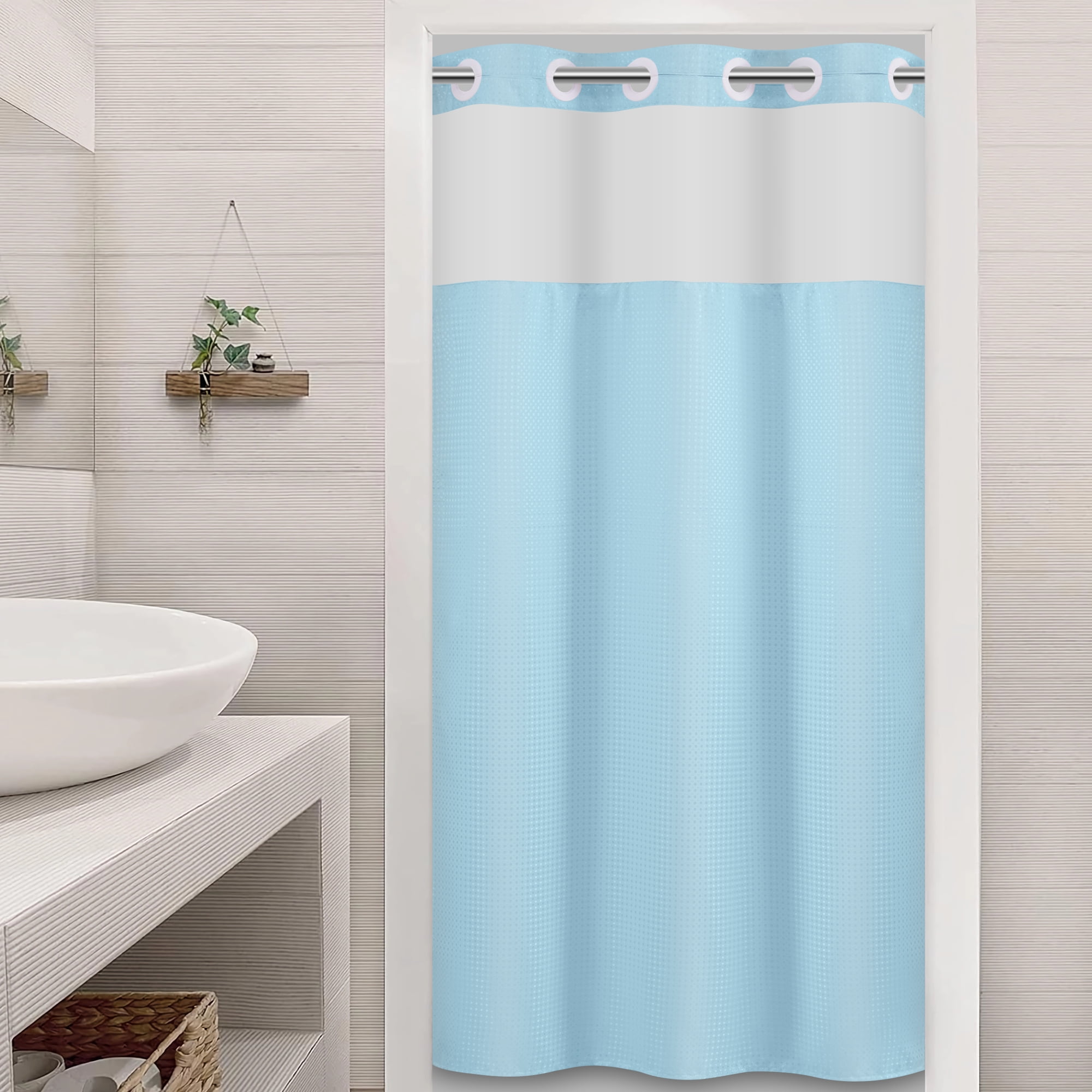 Ikfashoni Hookless Shower Curtain with Snap in Liner, No Hooks Blue Waffle Weave Waterproof Fabric Bath Curtain, 36"X74"