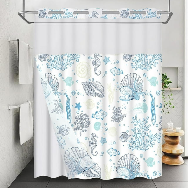 Ikfashoni Hookless Shower Curtain with Snap in Liner,Ocean Beach