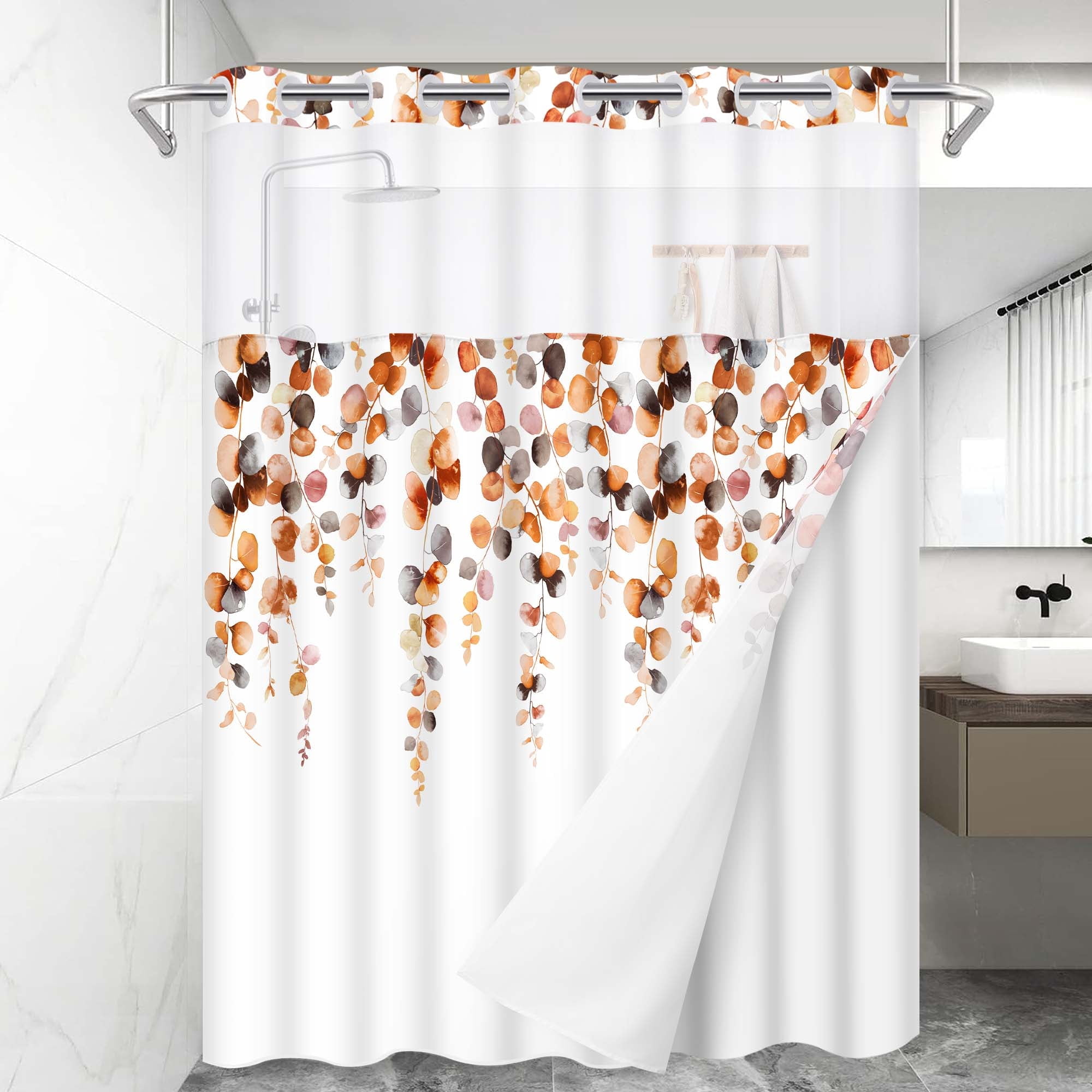 Ikfashoni Hookless Shower Curtain with Snap in Liner, Orange Eucalyptus ...