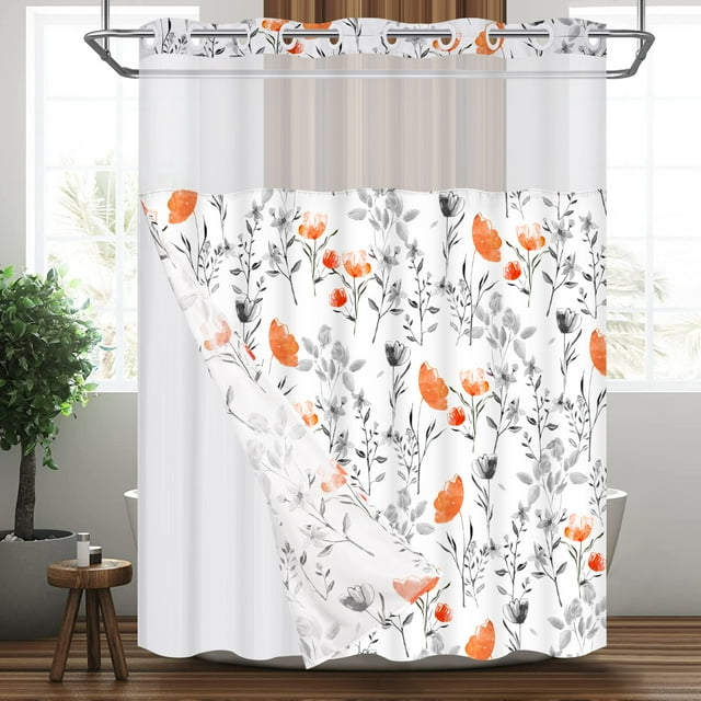 Ikfashoni Hookless Shower Curtain with Snap in Liner, Orange Floral