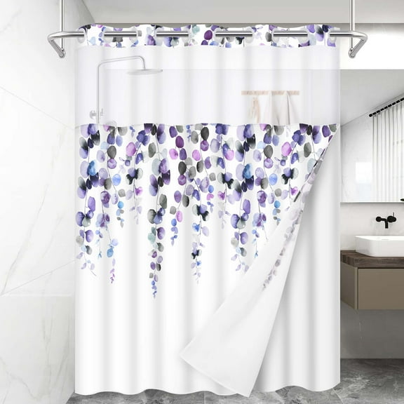 Ikfashoni Hookless Shower Curtain with Snap in Liner, Purple Eucalyptus No Hook Waterproof Bath Curtain, 71"X74"