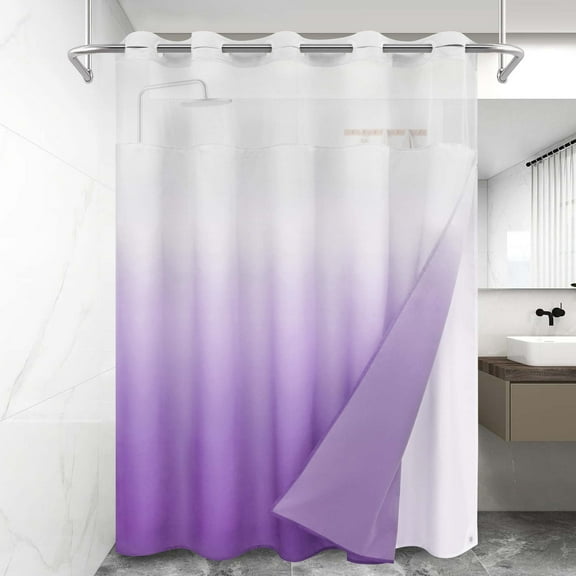 Ikfashoni Hookless Shower Curtain with Snap in Liner, Purple Gradient No Hook Waterproof Ombre Bath Curtain, 71"X74"