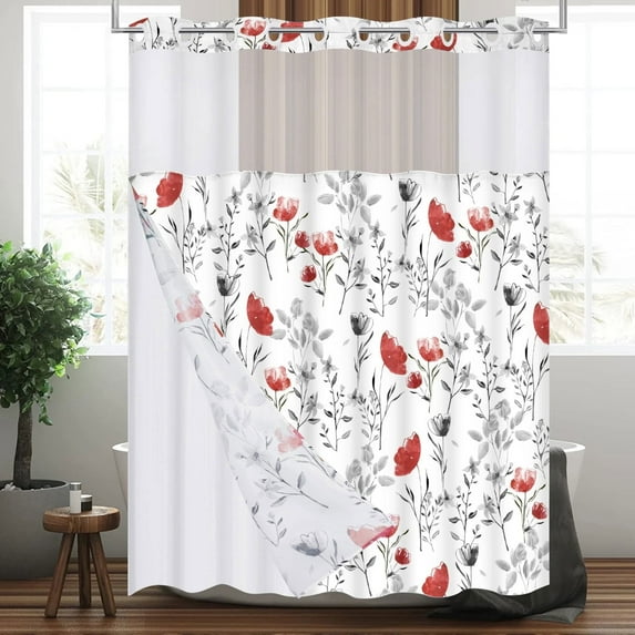 Ikfashoni Hookless Shower Curtain with Snap in Liner, Red Floral Waterproof Fabric Mesh Window Bath Curtain, 71"X74"
