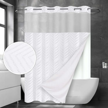 Ikfashoni Hookless Shower Curtain with Snap in Liner,White Boho No Hook Waterproof Fabric Bath Curtain, 71"X74"