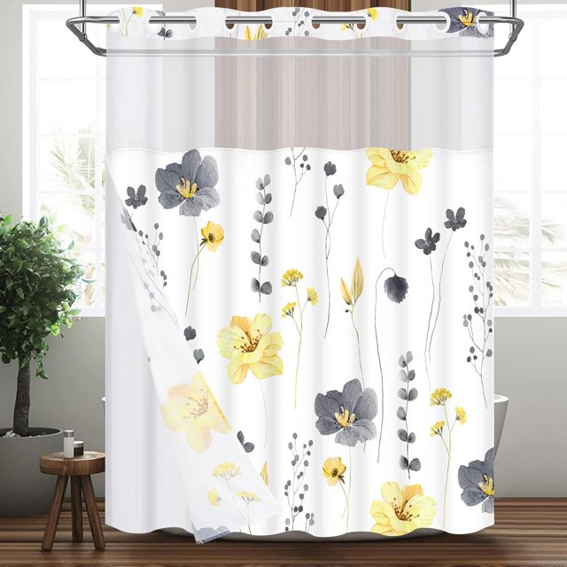 Ikfashoni Hookless Shower Curtain with Snap in Liner, Yellow Watercolor
