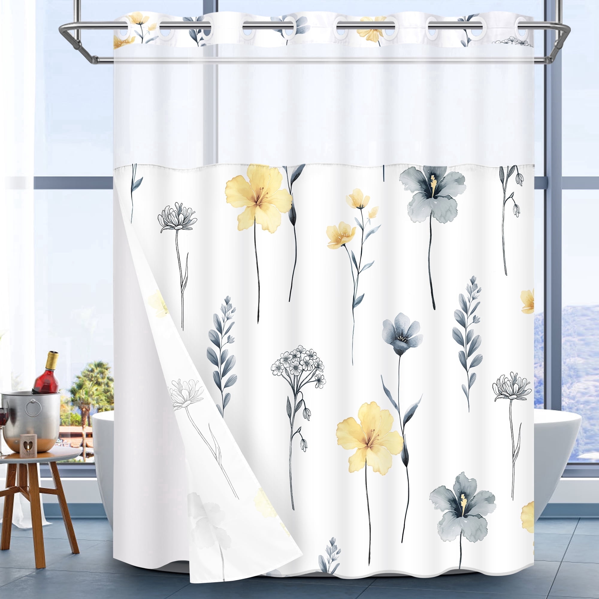Ikfashoni Hookless Shower Curtain with Snap in Liner, Yellow Watercolor Flowers No Hook Waterproof Bath Curtain, 71"X74"