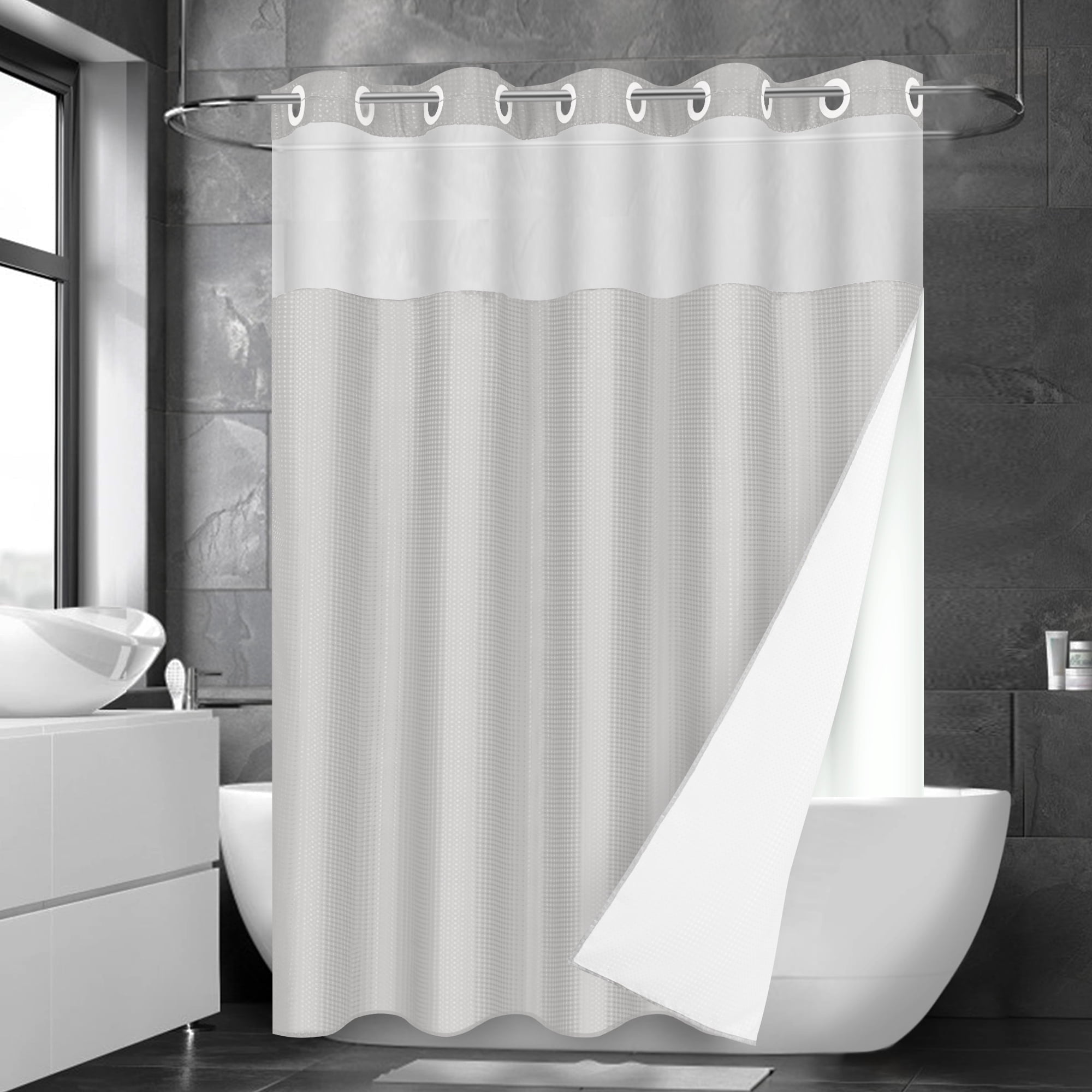 Ikfashoni Light Gray Hookless Shower Curtain with Snap in Liner,Waffle Weave Waterproof Fabric Mesh Window Bathroom Curtain,72"X74"