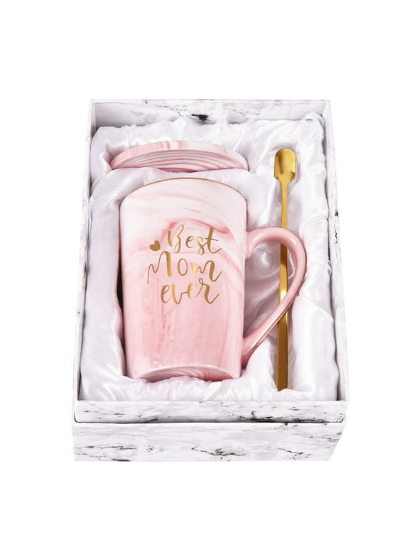 Ikfashoni Mother's Day Gifts, Birthday Gifts for Mom, Pink Coffee Mug with Coaster and Spoon, 14fl oz