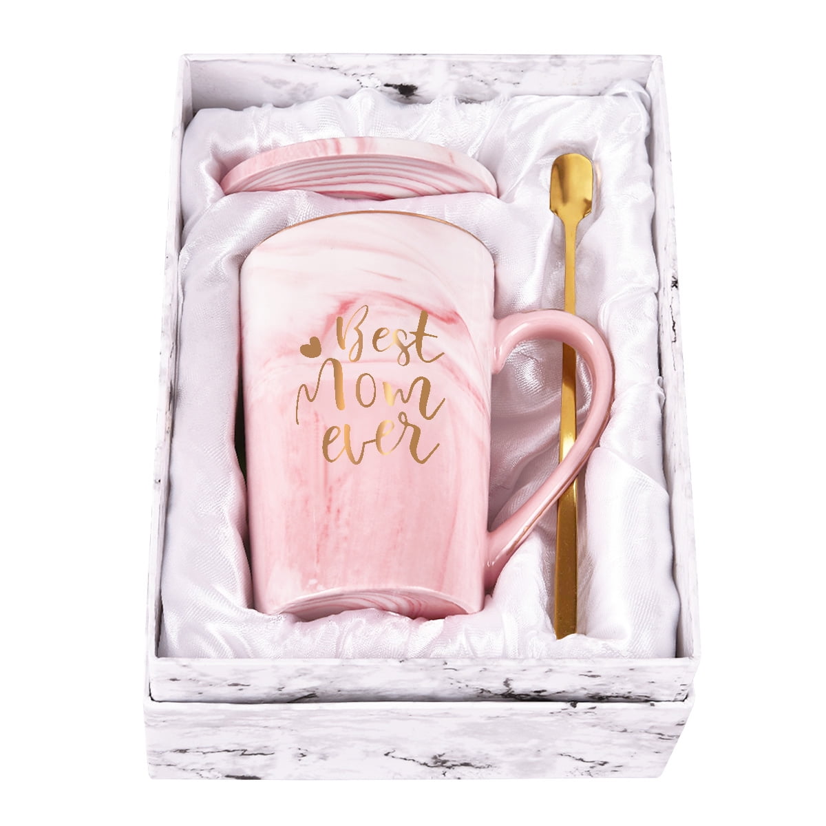 Mother's Day Gifts, Pink Coffee Mug with Coaster and Spoon, Mom Gifts Cup, 14fl oz