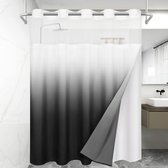Ikfashoni No Hook Shower Curtain with Snap in Liner, Black Ombre Hookless Waterproof Bath Curtain, 71"X74"
