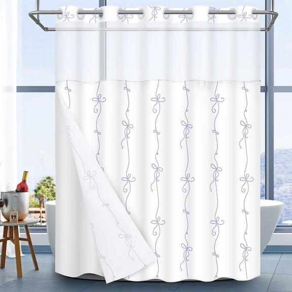 Ikfashoni No Hook Shower Curtain with Snap in Liner, Purple Bow Hookless Waterproof Bath Curtain, 71"X74"