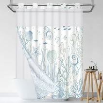 Ikfashoni Ocean Beach Hookless Shower Curtain with Snap in Liner, Blue Seashell Waterproof Fabric Mesh Window Bath Curtain, 71"X74"