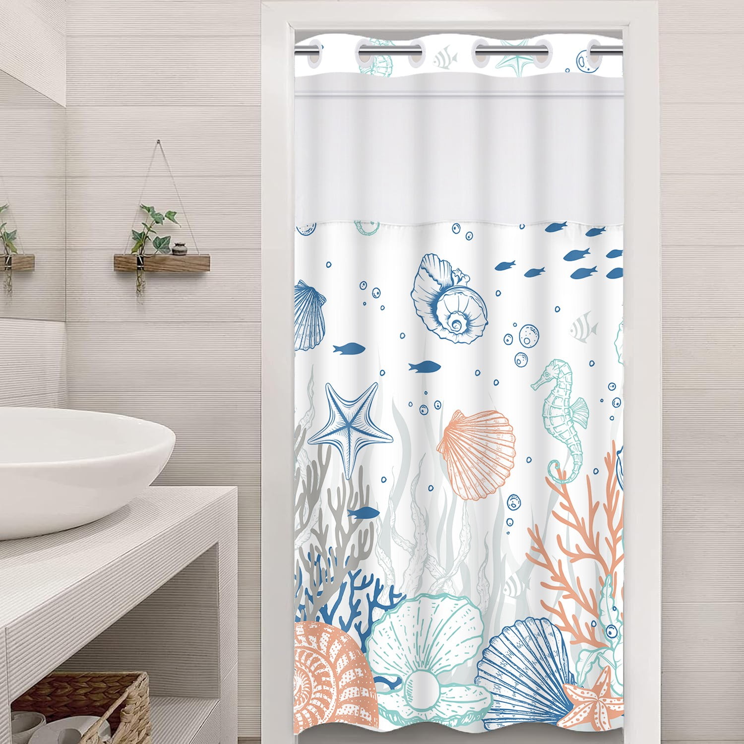 Ikfashoni ocean beach hookless shower curtain with snap in liner