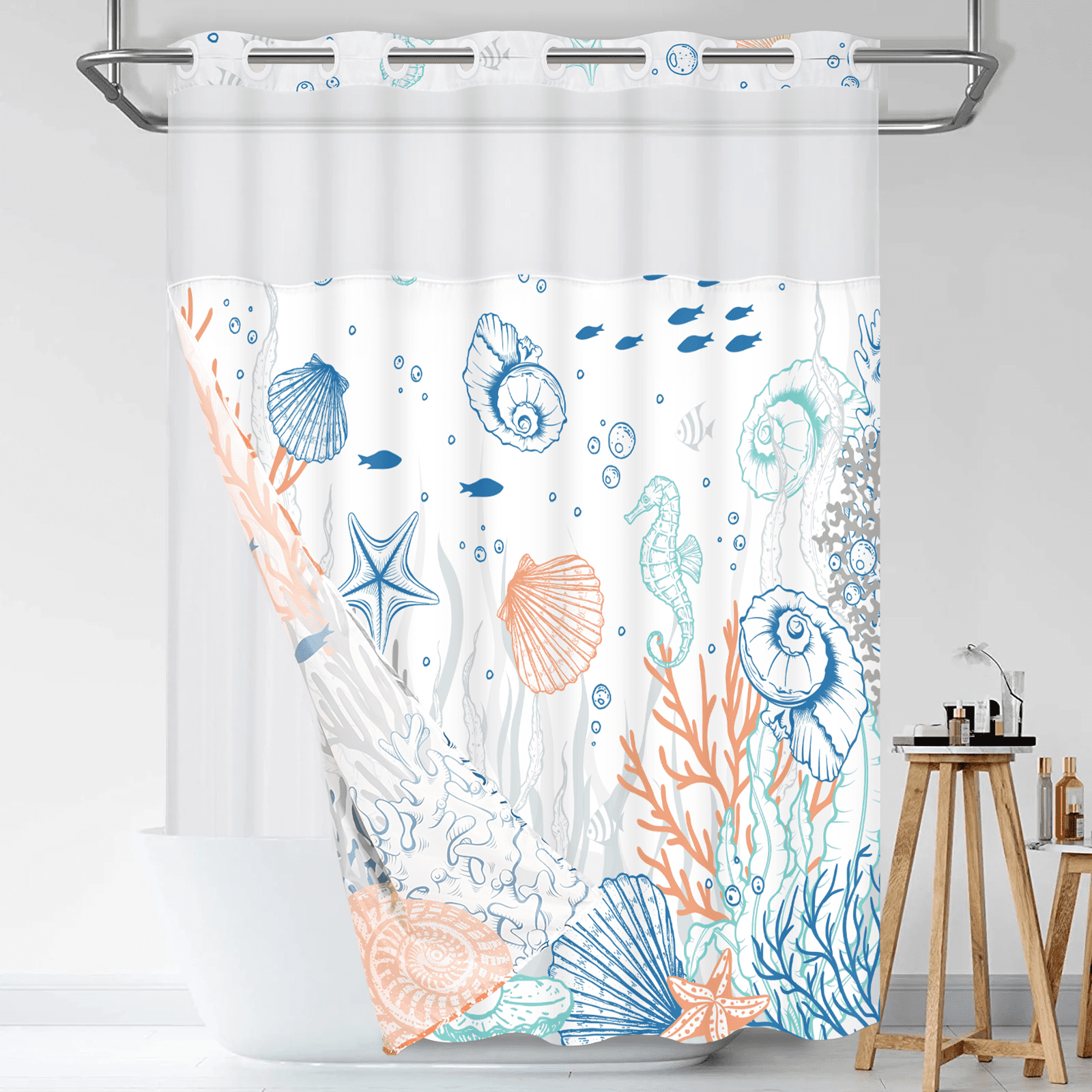 Ikfashoni Ocean Beach Hookless Shower Curtain with Snap in Liner