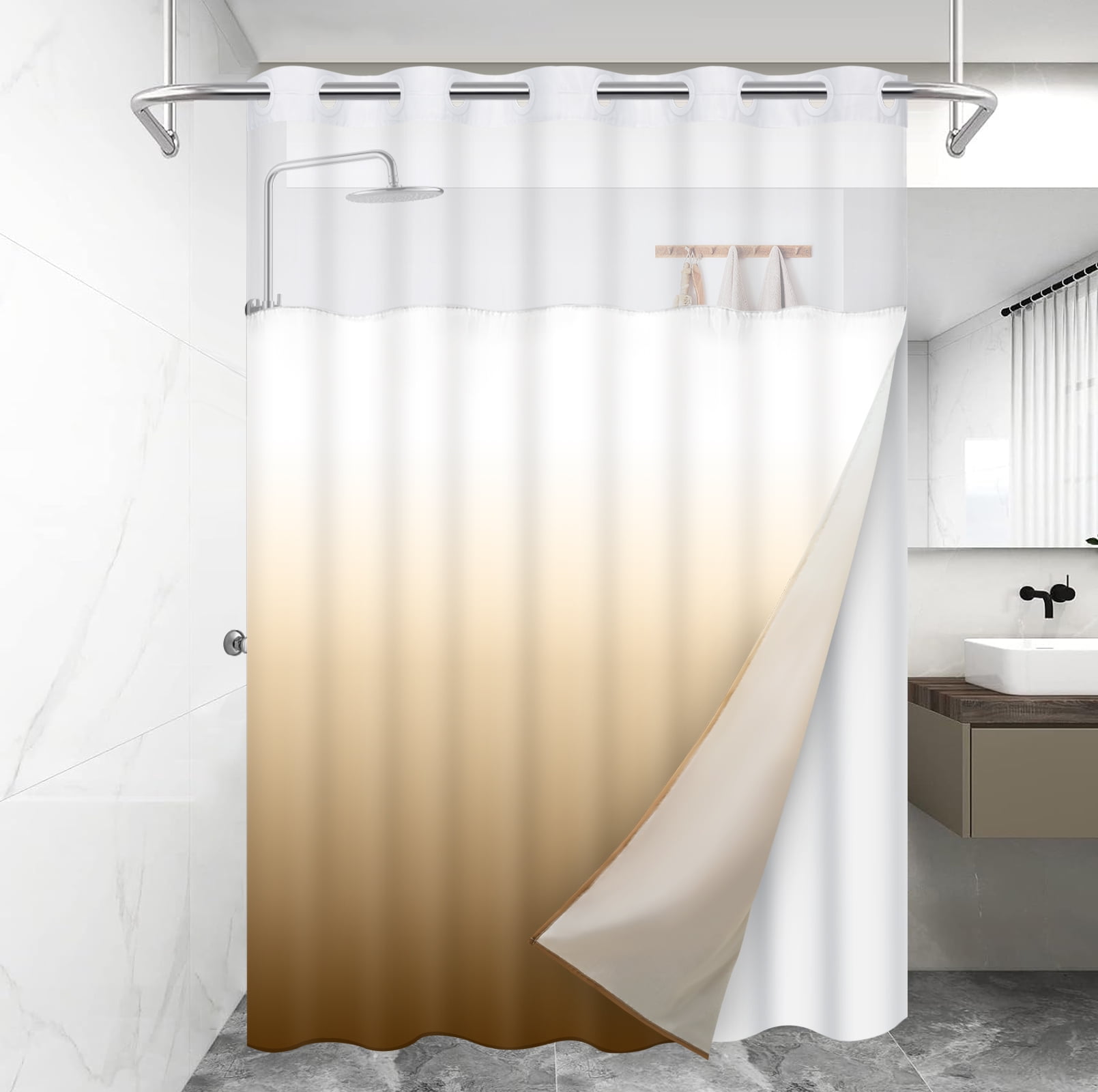 Ikfashoni Ombre Hookless Shower Curtain with Snap in Liner, Brown No