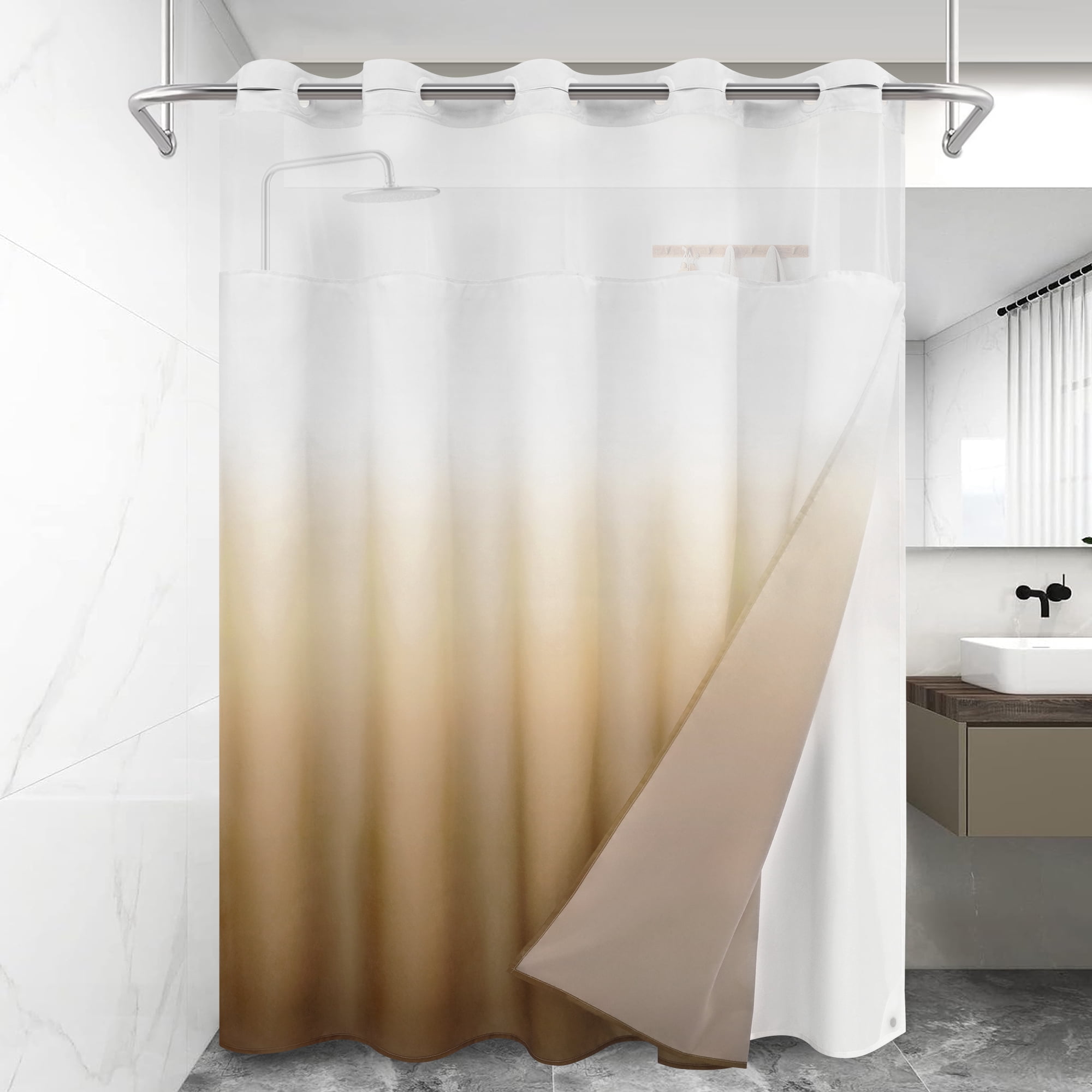 Ikfashoni Ombre Hookless Shower Curtain with Snap in Liner, Brown No Hook Waterproof Fabric Bath Curtain, 71"X74"