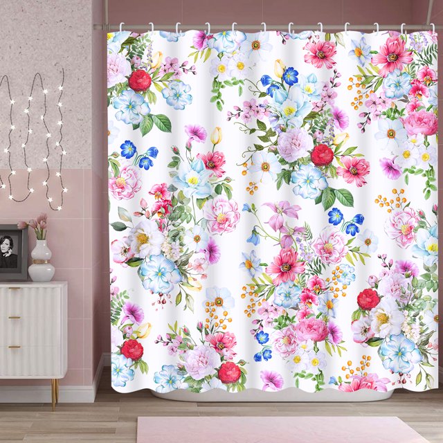 Ikfashoni Pink Floral Shower Curtain, Botanical Waterproof Fabric