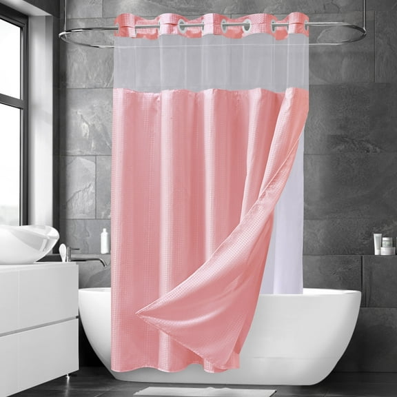 Ikfashoni Pink No Hook Shower Curtain with Snap in Liner, Waffle Weave Waterproof Fabric Mesh Window Hotel Grade Bath Curtain, 72"X74"