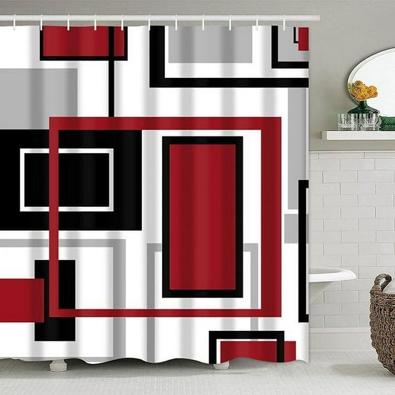 Ikfashoni Red Geometric Shower Curtain, 13pc Waterproof Fabric Bathroom Curtain, 72"X72"
