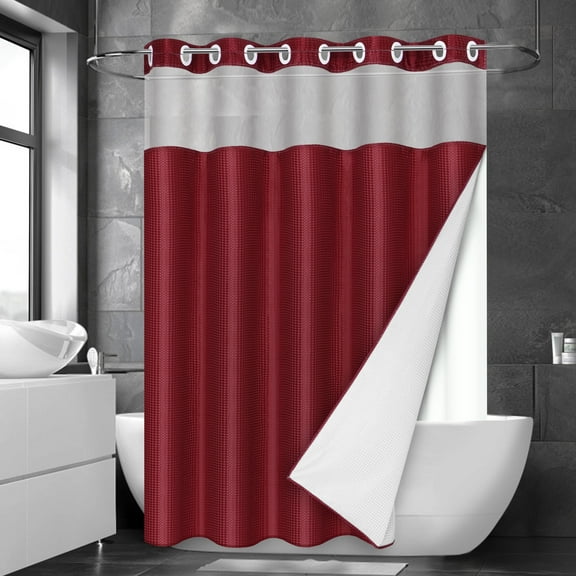 Ikfashoni Red Hookless Shower Curtain with Snap in Liner,Waffle Weave Waterproof Fabric Mesh Window Bathroom Curtain,72"X74"