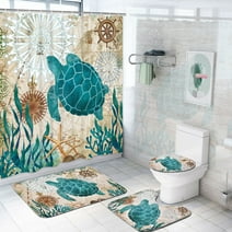 Ikfashoni Sea Turtle Bathroom Sets, Teal Nautical Shower Curtains and Bath Rug Set and Toilet Lid Cover
