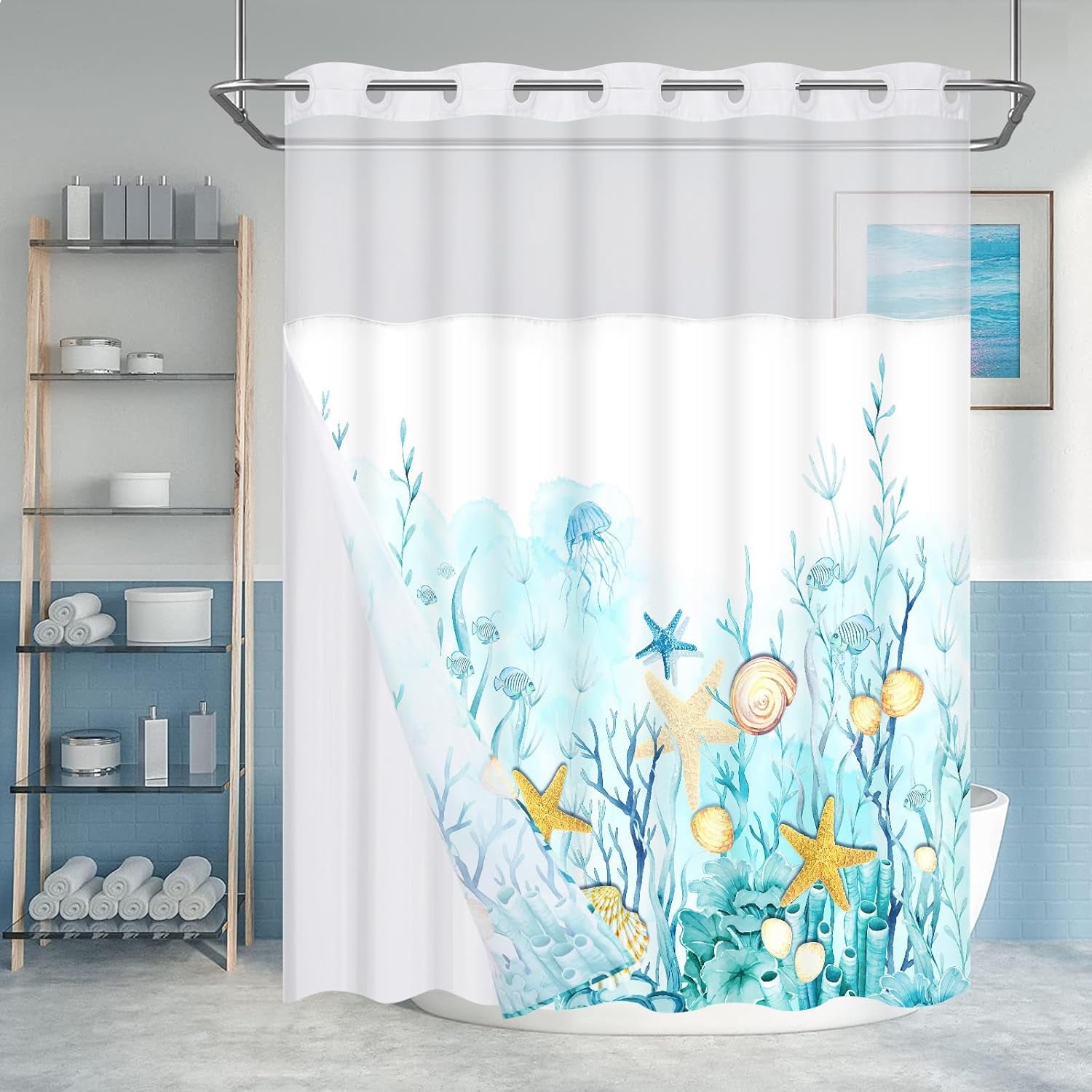 Ikfashoni Seashell Hookless Shower Curtain with Snap in Liner, Ocean Beach Waterproof Fabric