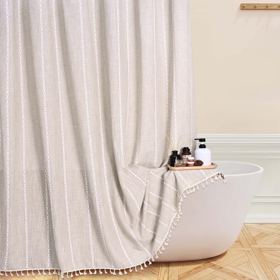 Ikfashoni Linen Cotton Shower Curtain with Tassel, Boho Farmhouse Waterproof Fabric Bath Curtain, Cream