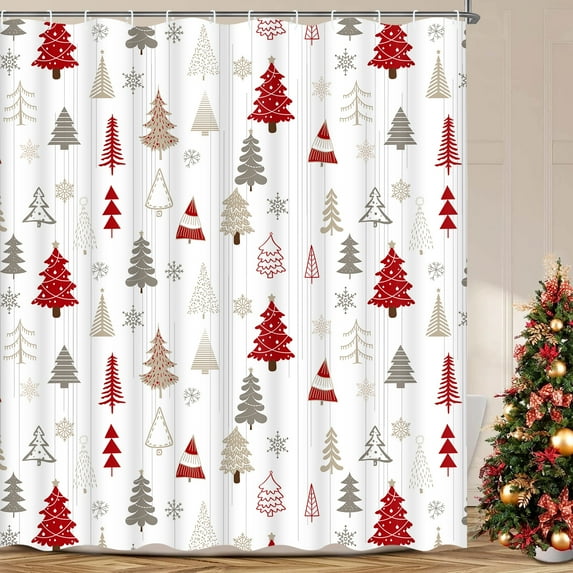 Ikfashoni Christmas Tree Shower Curtain with 12 Hooks, Waterproof Fabric Bathroom Curtain, 70"X69"