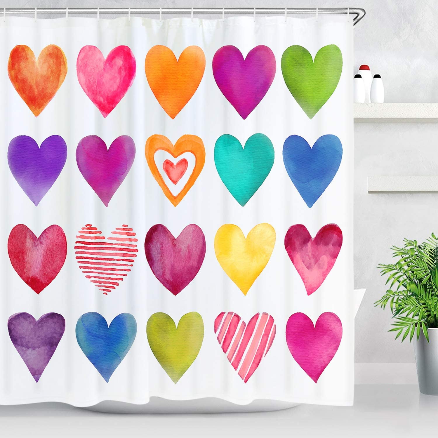 Ikfashoni Valentine's Day Shower Curtain, Colorful Heart Waterproof