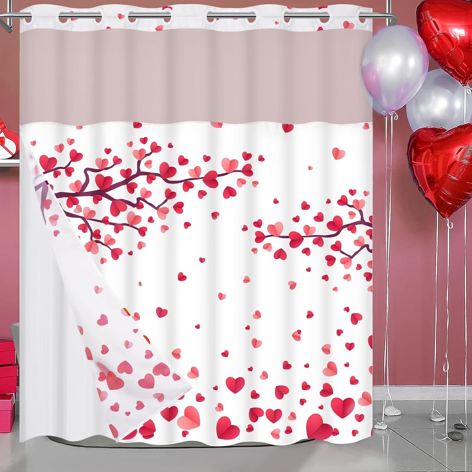 Ikfashoni Valentine's Day Shower Curtain with Snap in Liner, No Hook
