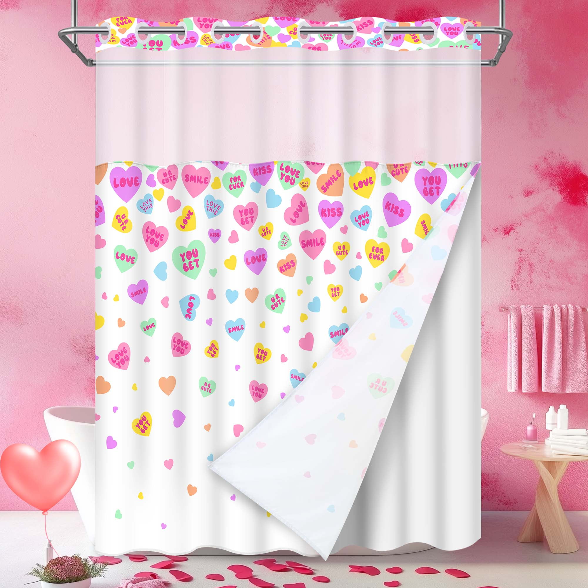Ikfashoni Valentine's Day Shower Curtain with Snap in Liner, No Hook Waterproof Fabric Sheer Window Bath Curtain, 71"X74" - Walmart.com