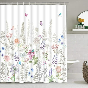 Ikfashoni White Boho Floral Shower Curtain, 13pc Waterproof Spring Butterfly Bathroom Shower Curtains, 69"X70"