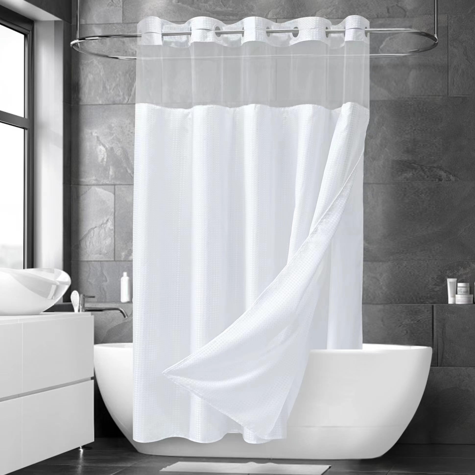 Ikfashoni White Hookless Fabric Shower Curtain with Snap in Liner, Waffle  Weave Waterproof Mesh Window Bathroom Curtain, 72X72 