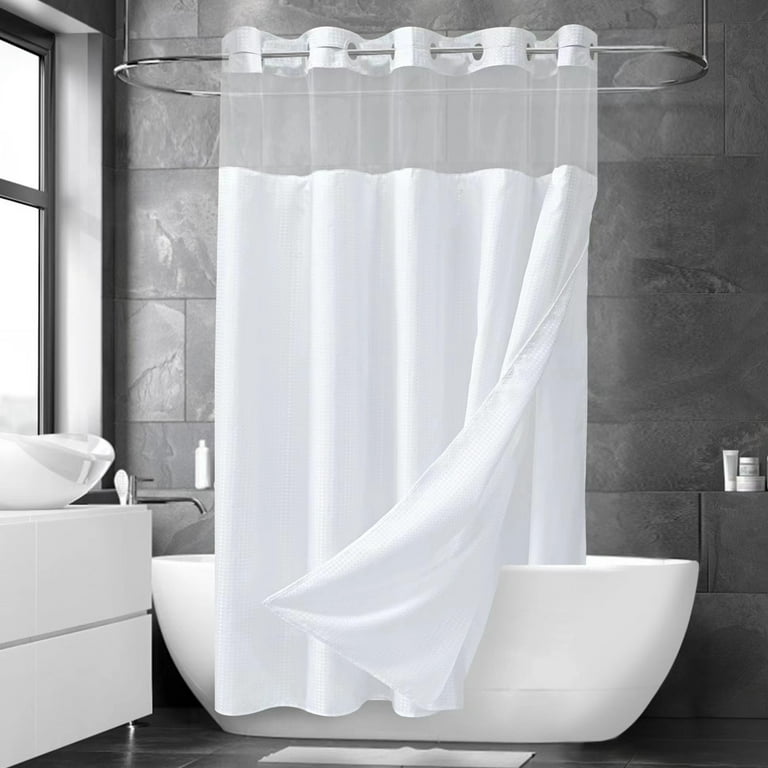 ROHSCE No Hooks Waffle Weave Shower Curtain, with Snap in Removable Liner  for Bathroom-Hotel Grade,Mesh Top Window, Machine Washable-72x72inch (White)