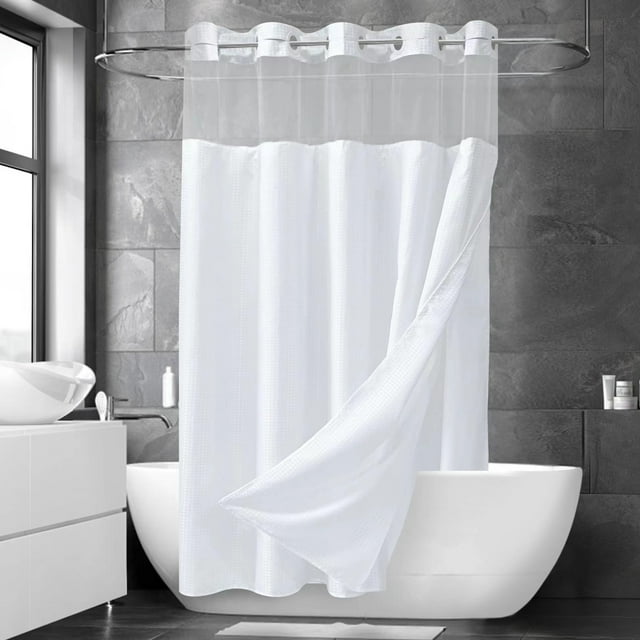Ikfashoni White Hookless Shower Curtain with Snap in Liner, Waffle Weave Fabric No Hook Waterproof Mesh Window Bathroom Curtain, 72"X74"