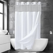 Ikfashoni White Hookless Shower Curtain with Snap in Liner, Waffle Weave Fabric No Hook Waterproof Mesh Window Bathroom Curtain, 72"X74"
