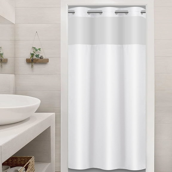 Ikfashoni White Hookless Shower Curtain with Snap in Liner, Waffle Weave No Hook Stall Bath Curtain, 36"X74"