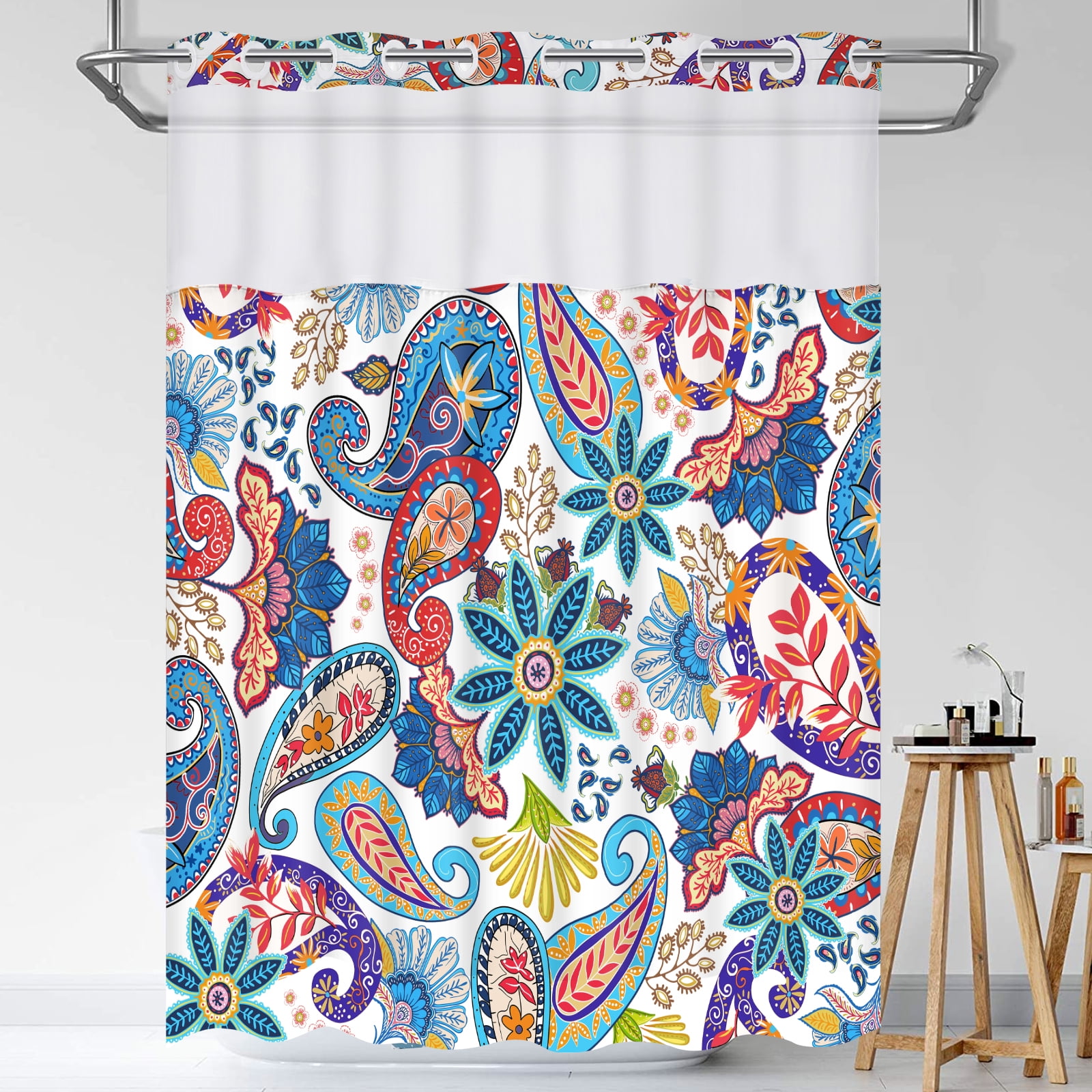 Ikfashoni Hookless Shower Curtain with Snap in Liner,Orange Floral