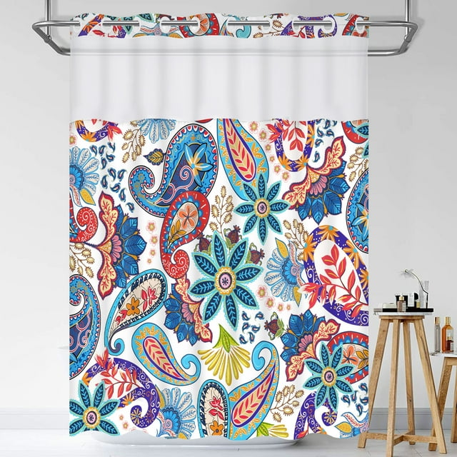 "Ikfashoni White Paisley Hookless Shower Curtain, Snapin Liner, Mesh Window, Waterproof Fabric