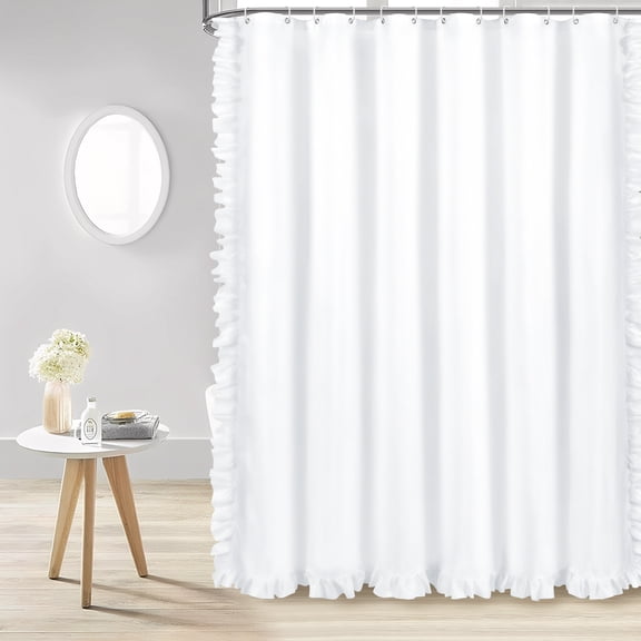 Ikfashoni White Shower Curtain with Ruffle Edge,Boho Waterproof Fabric Bathroom Curtain