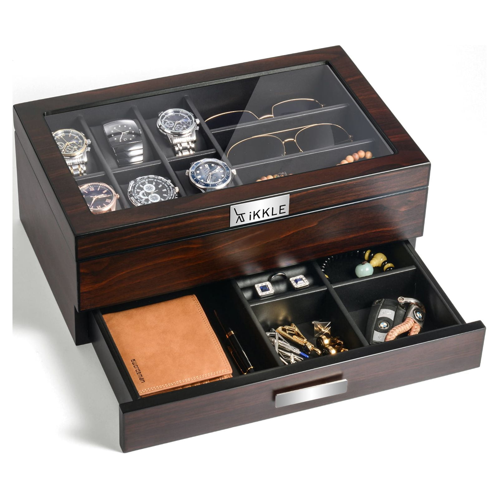 Ikkle Watch Box Organizer for Men and Women, Luxury Wooden Watch Jewelry Box,  Real Glass Top 