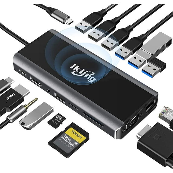 Ikling USB C Hub,15-in-1 USB C Adapter to HDMI,Wireless Charger,Gigabit for MacBook (1940, Grey)