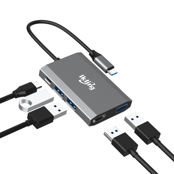Ikling USB C Hub, 5 in 1 USB-C Splitter Thunderbolt 3 Hub to 4K HDMI Adapter, USB 3.0 Port, 100W PD